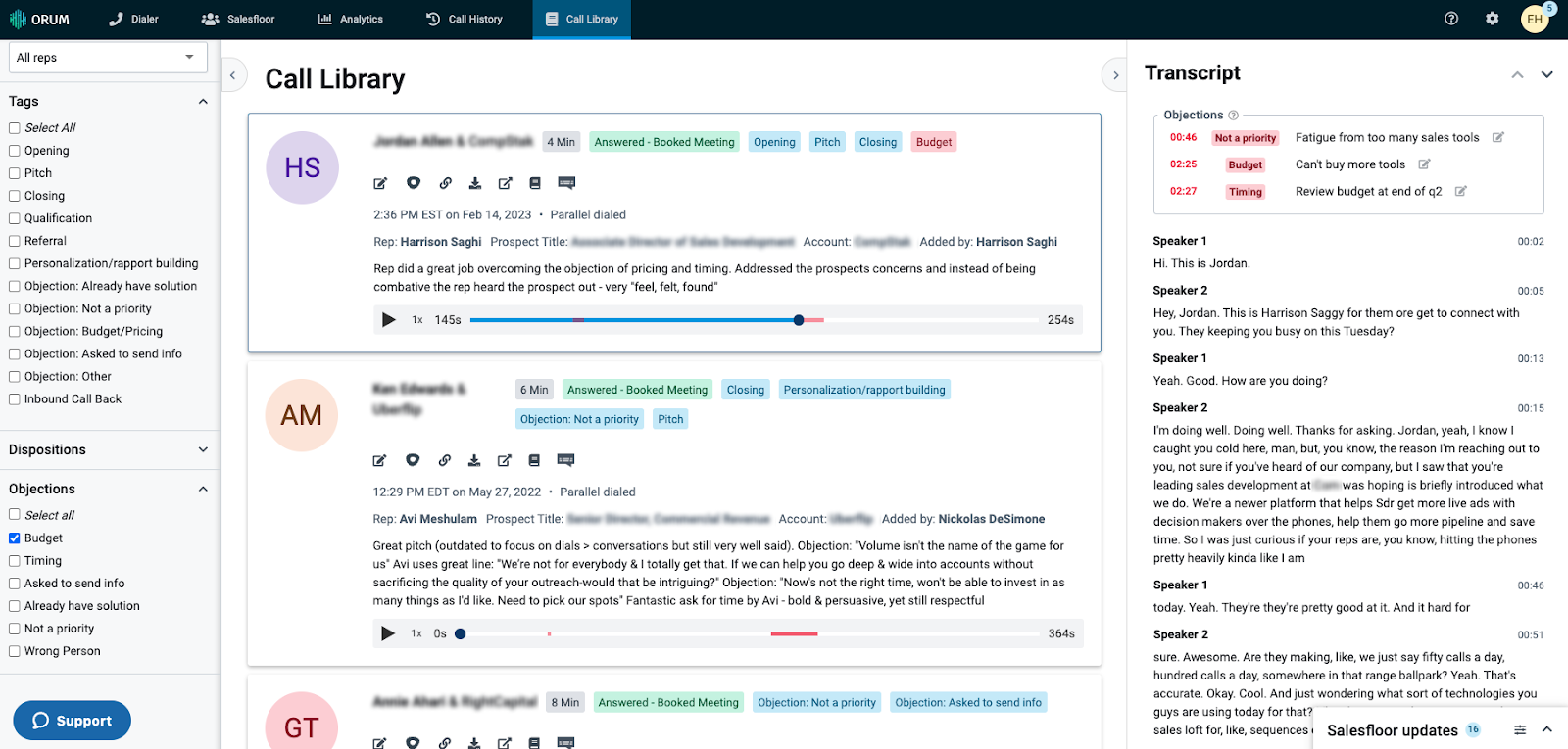 Within Call Library reps will be able to view and search Transcripts, and filter calls for objections in the left side panel. Objections will be highlighted both in the playback bar for calls, and in a summary at the top of the call transcript.