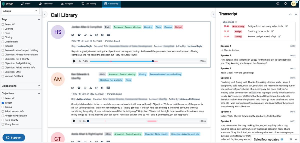 Within Call Library reps will be able to view and search Transcripts, and filter calls for objections in the left side panel. Objections will be highlighted both in the playback bar for calls, and in a summary at the top of the call transcript.