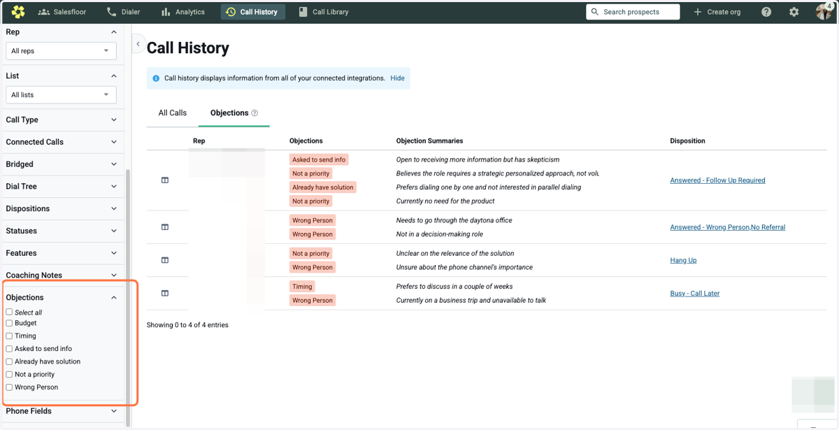If there is a specific Objection you want to filter for, you can apply a filter here. This is great for coaching on a specific objection or understanding patterns in your team's calls.