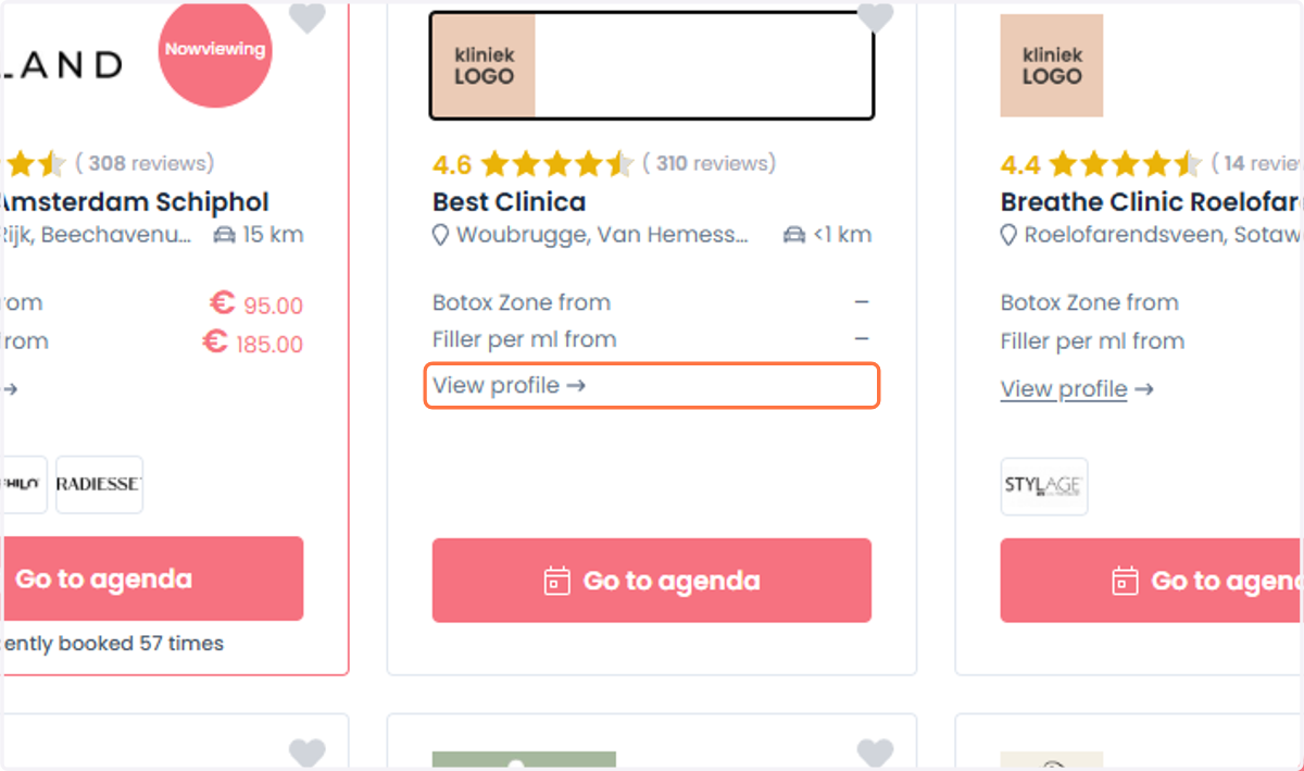 After clicking, you'll see a list of clinics in that location. Na het klikken krijg je een lijst met klinieken op die locatie te zien.