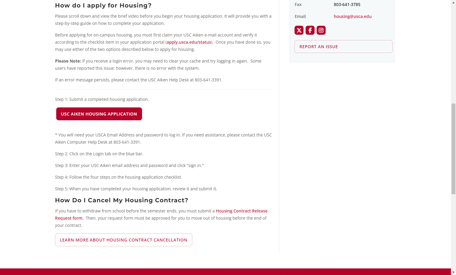 Click on USC AIKEN HOUSING APPLICATION