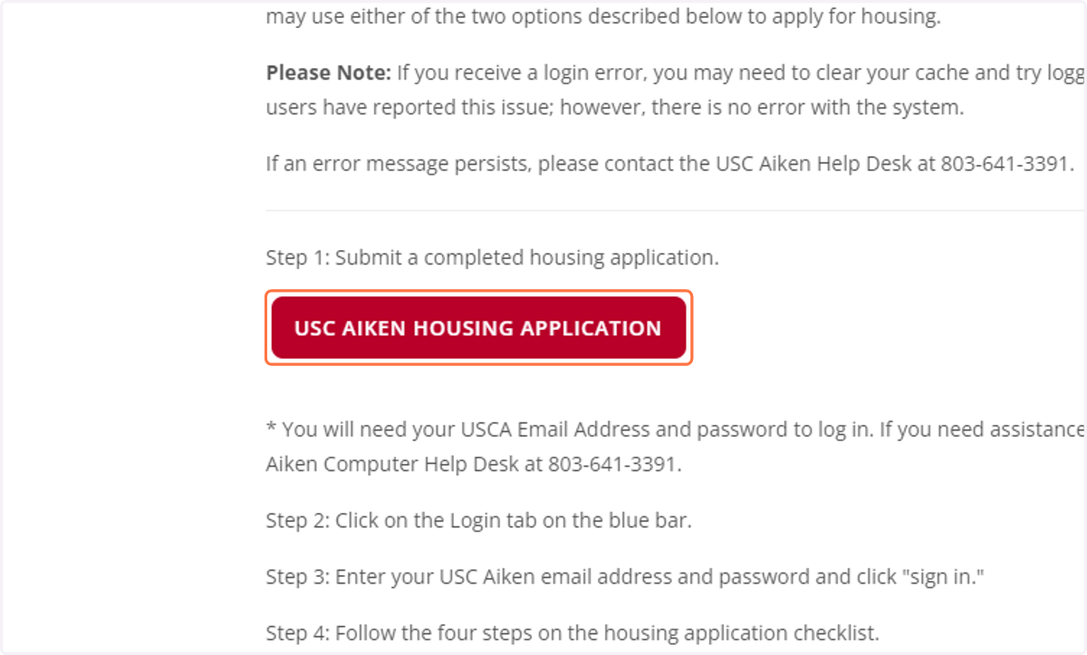 Click on USC AIKEN HOUSING APPLICATION