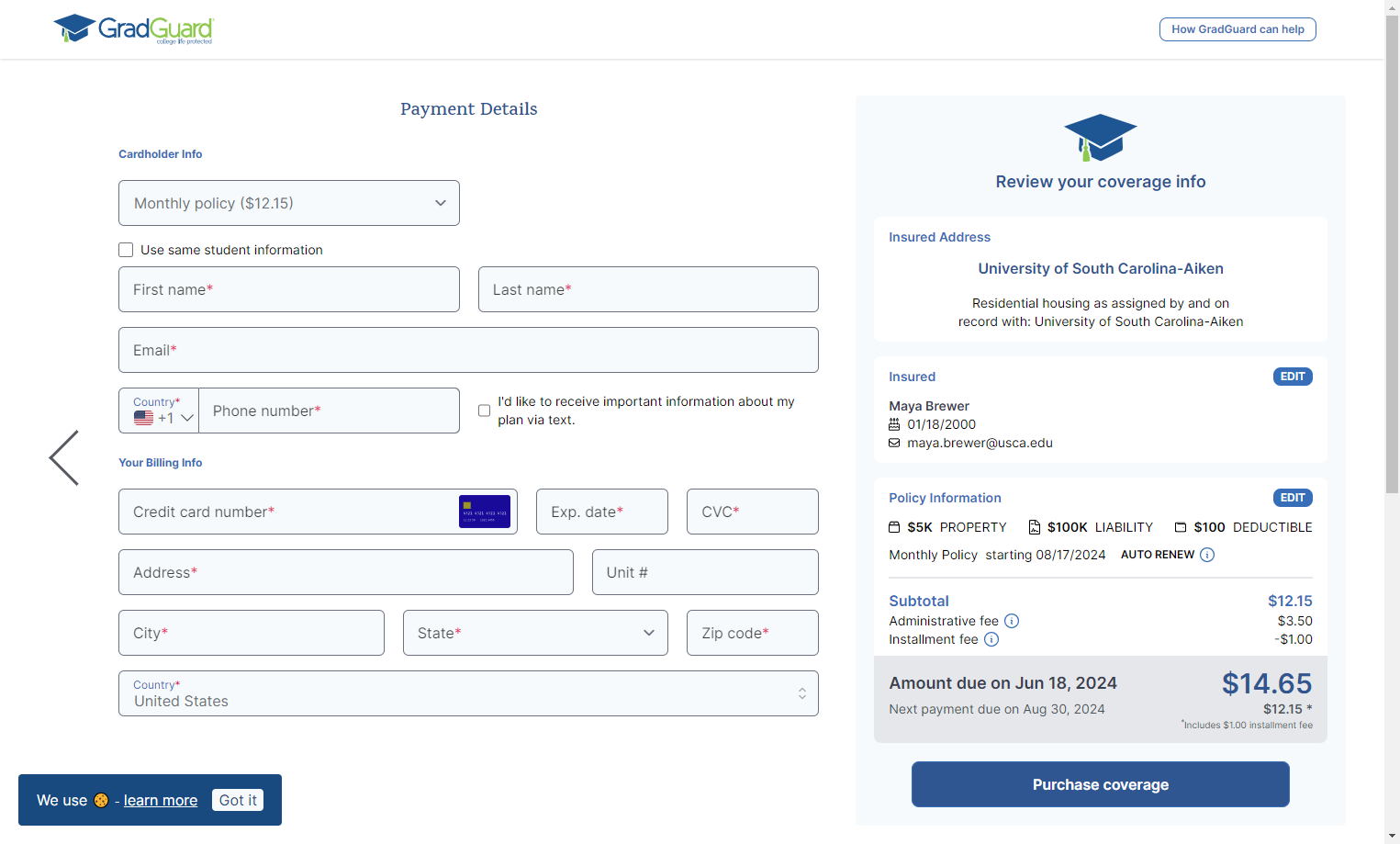 Click on Purchase coverage