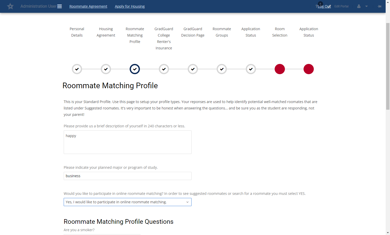 Select Yes, I would like to participate in online roommate matching.