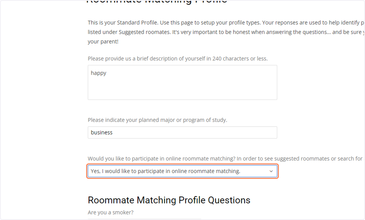 Select Yes, I would like to participate in online roommate matching.