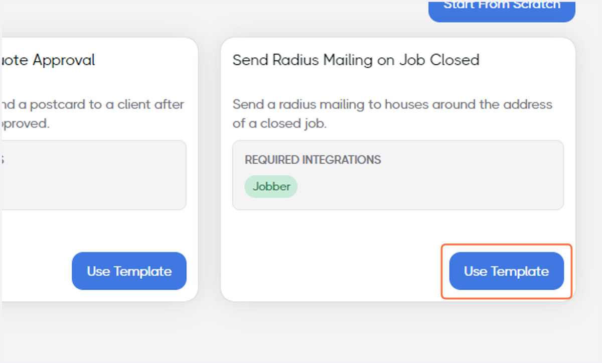 Find Send Radius Mailing on Job Closed and click on Use Template