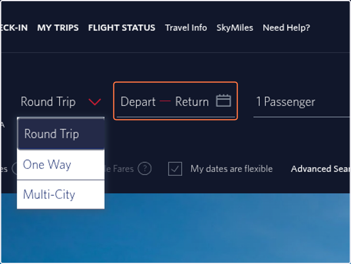 Click on Depart and Return Calendar Use enter to open, escape to close the calendar, page down for next month and page up for previous month, Depart date not selected Return date not selected…