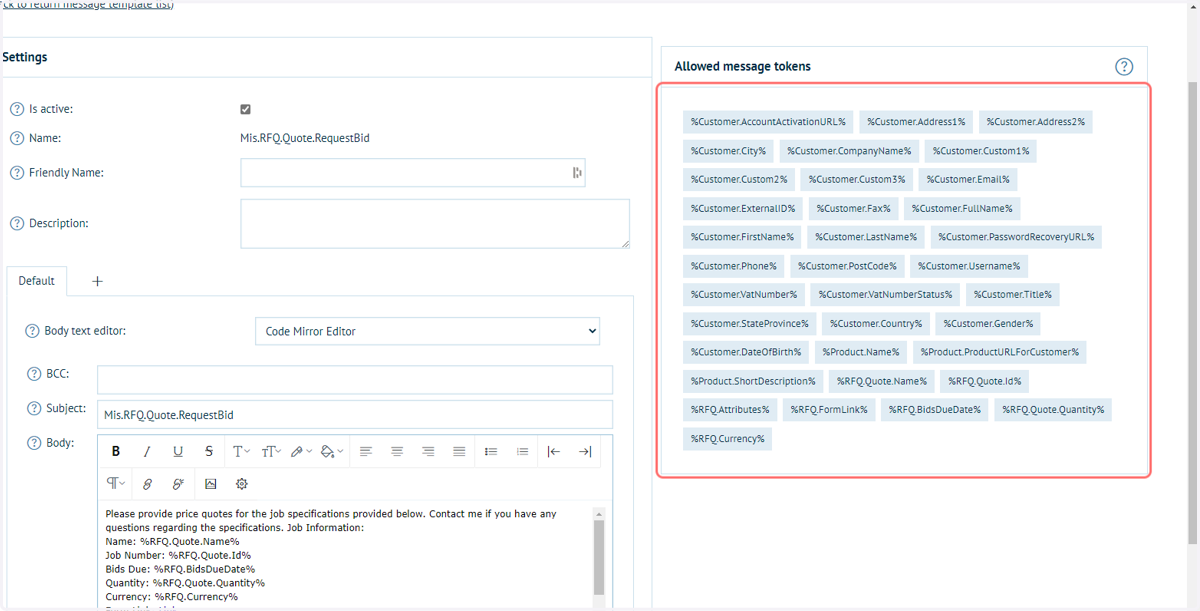 Tokens can be applied to message templates, including some specifically added for quote information