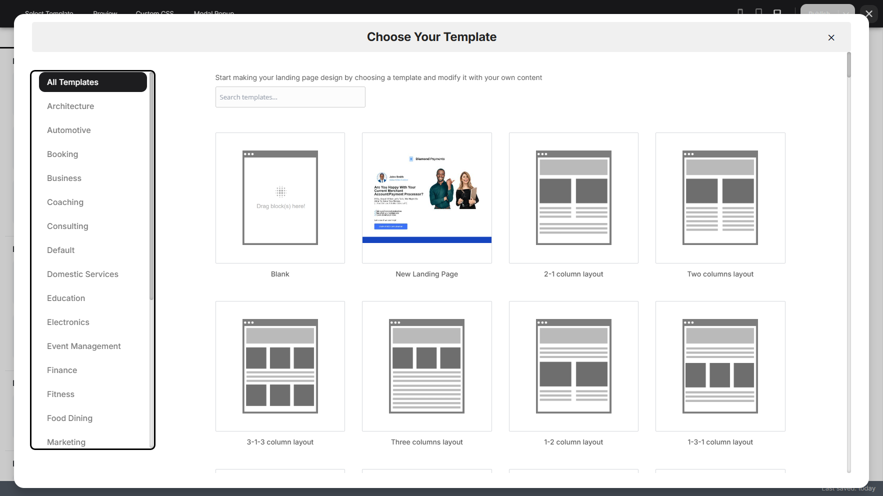 Step 4: On the left-hand side, you can scroll through the template categories. Once a category is selected, all available templates will be displayed in the pop-up window.