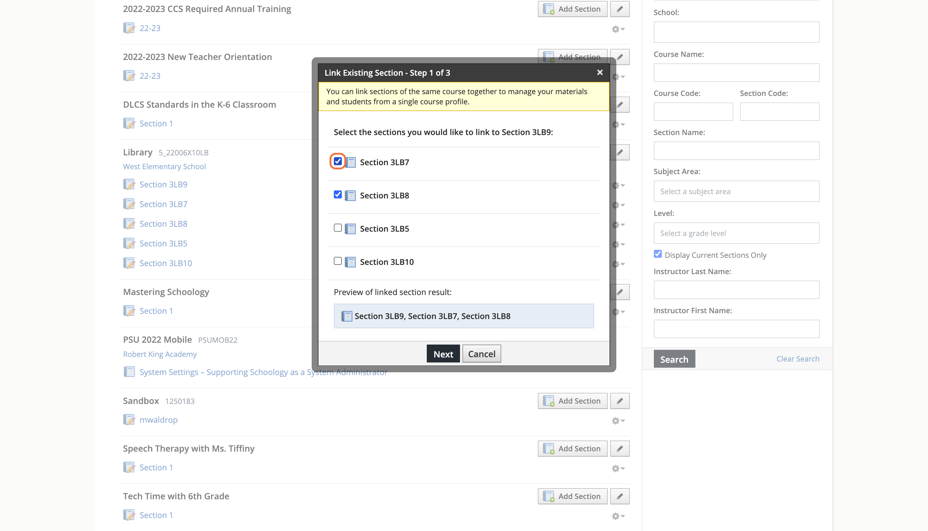 Check each Section you would like to link.