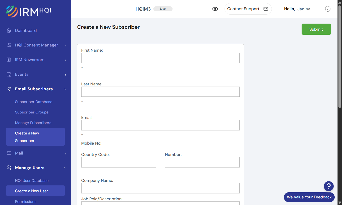 You will then see the fields (as seen below), where you can input the subscriber's email address, name and what Email Alerts they will subscribed to.