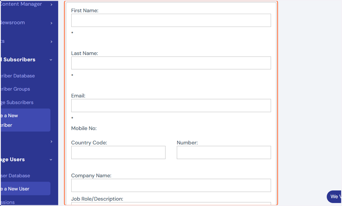 You will then see the fields (as seen below), where you can input the subscriber's email address, name and what Email Alerts they will subscribed to.