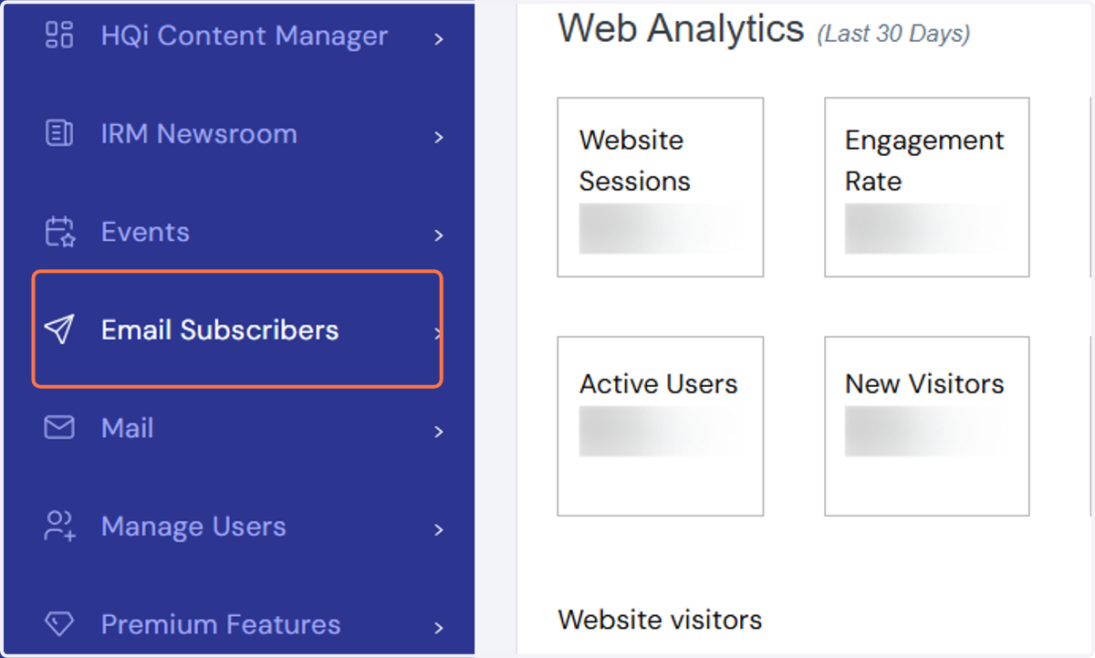 To add a new subscriber for your Email Alerts, go to the "Email Subscribers" section under HQi's menu.