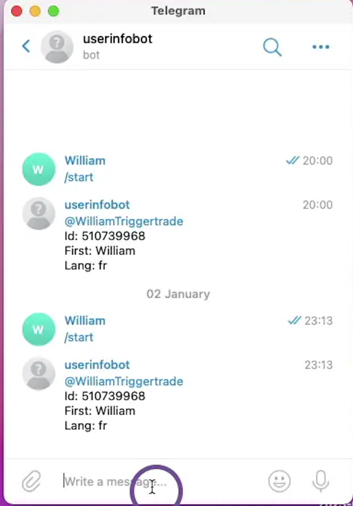 When userinfoBot added enter /start it will return your account information