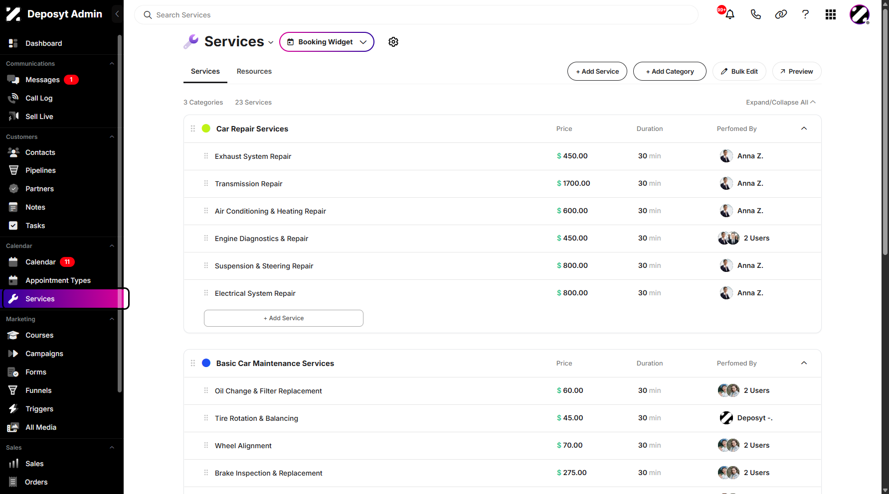 Step 1: On your Dashboard, navigate to the Services tab under the Calendar section.