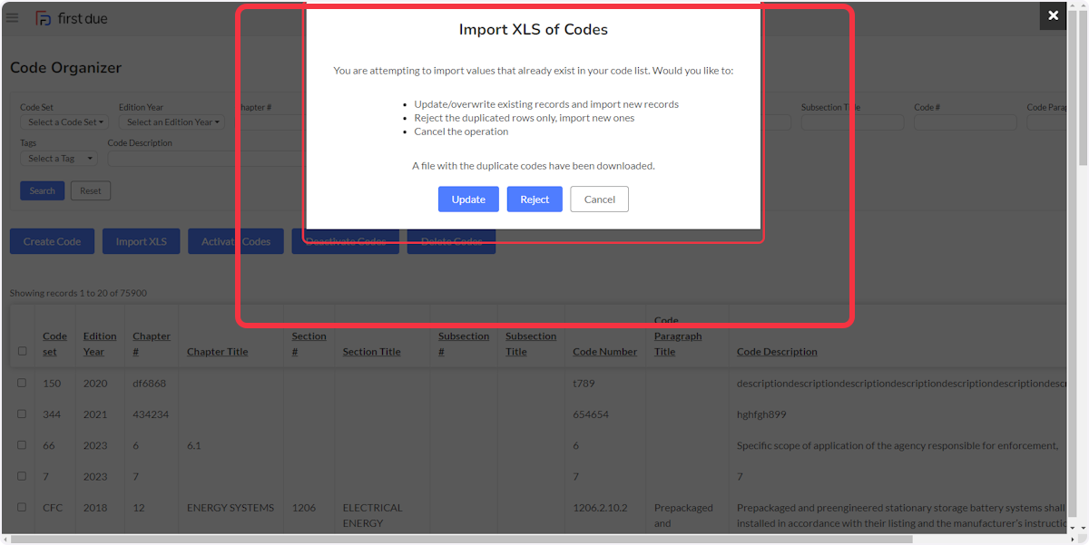 Duplicate Code Import error message.  Three options are present if you are importing duplicate codes.