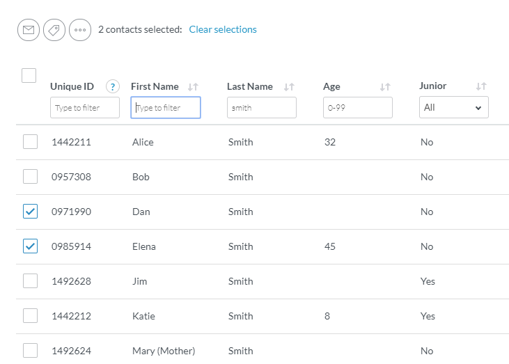 Find the two contacts that you wish to merge, and tick the box next to those names.