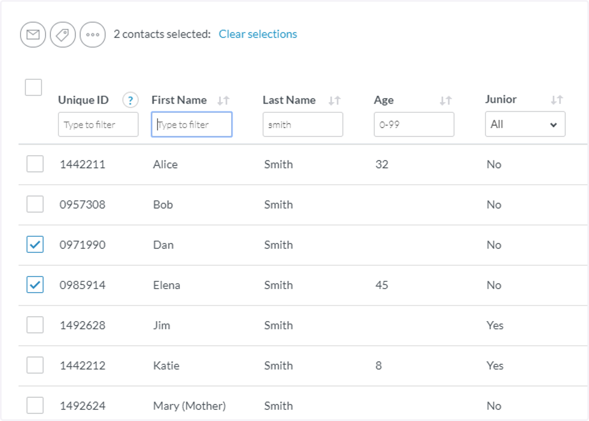 Find the two contacts that you wish to merge, and tick the box next to those names.