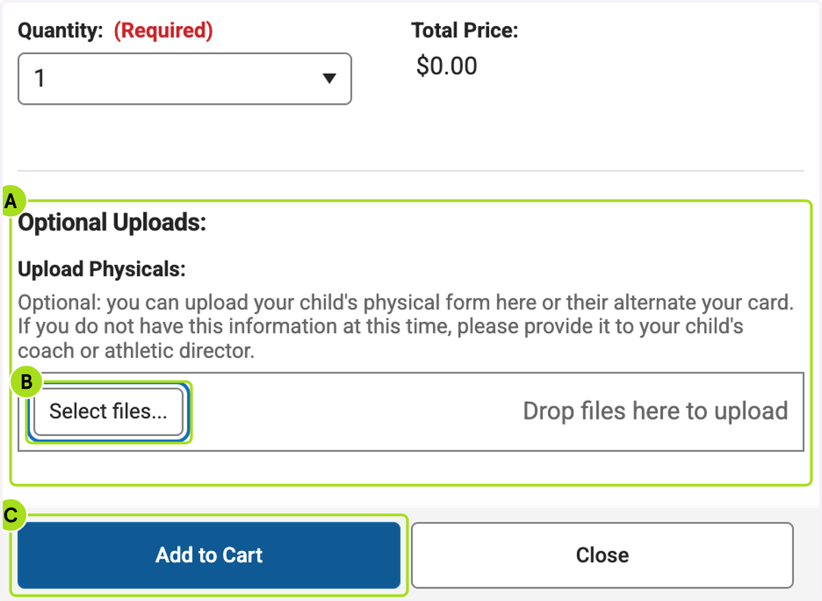 A. Click on Optional Uploads if you are uploading a physical or alt year card B. Click on Select files... C. Click on Add to Cart