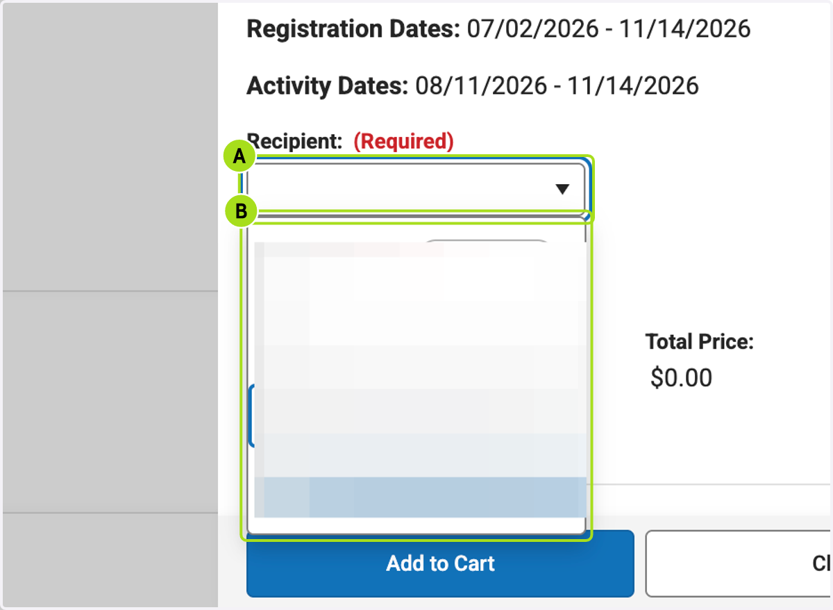 A. Click on Recipient: (Required) B. Select Recipient: (Required)
