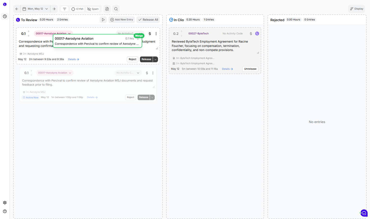 If you see two entries in "To Review" that you'd like to combine, all you have to do is click one entry and drag and drop it onto the entry you'd like to add it to. After you click and drag an entry, its matter and narrative will pop up on a preview 