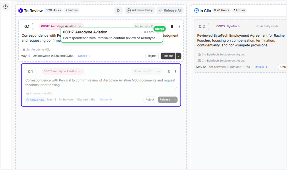 If you see two entries in "To Review" that you'd like to combine, all you have to do is click one entry and drag and drop it onto the entry you'd like to add it to. After you click and drag an entry, its matter and narrative will pop up on a preview