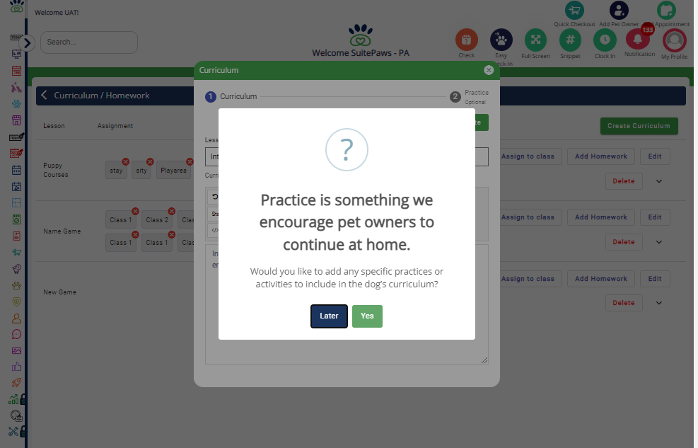 Select "Yes" to add practice or "Later" to add it later.