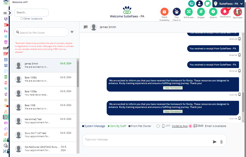 Find the chat with the specific petowner. Look for a message with the "View homework" link, which will take the pet owner to the homework page.