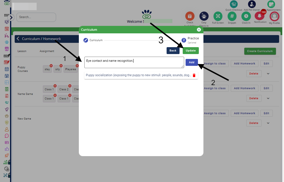Add all practices under the curriculum and click "Add" and "Update."