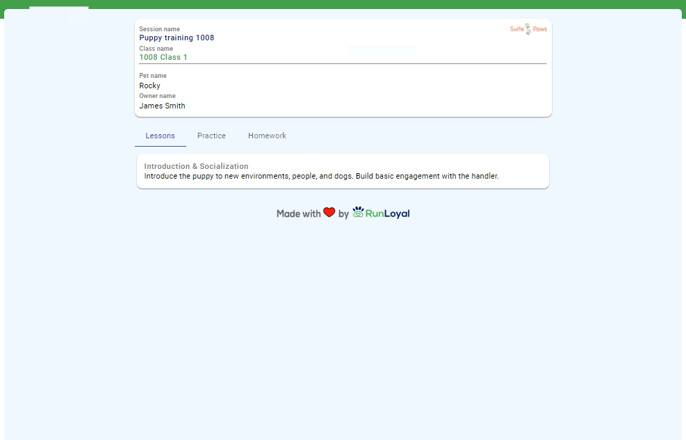 Pet owners can view the session, class, lessons, practices, and homework on the homework page.