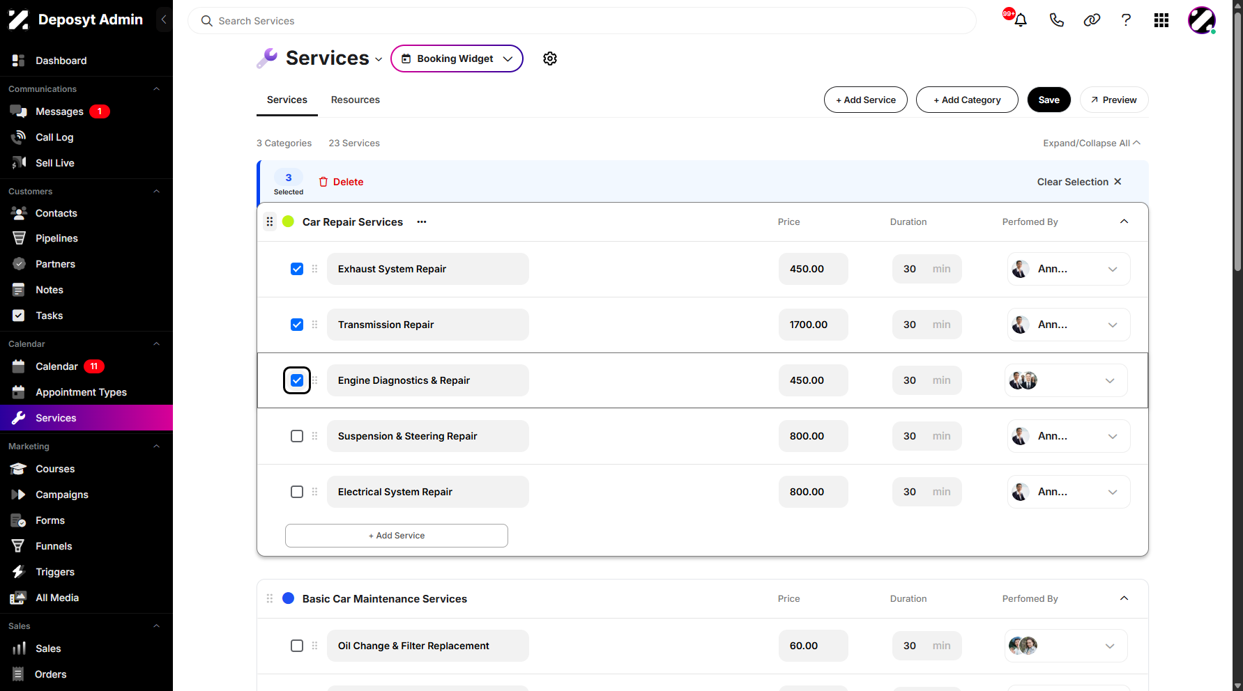 Step 4: Click the service checkboxes to select them.