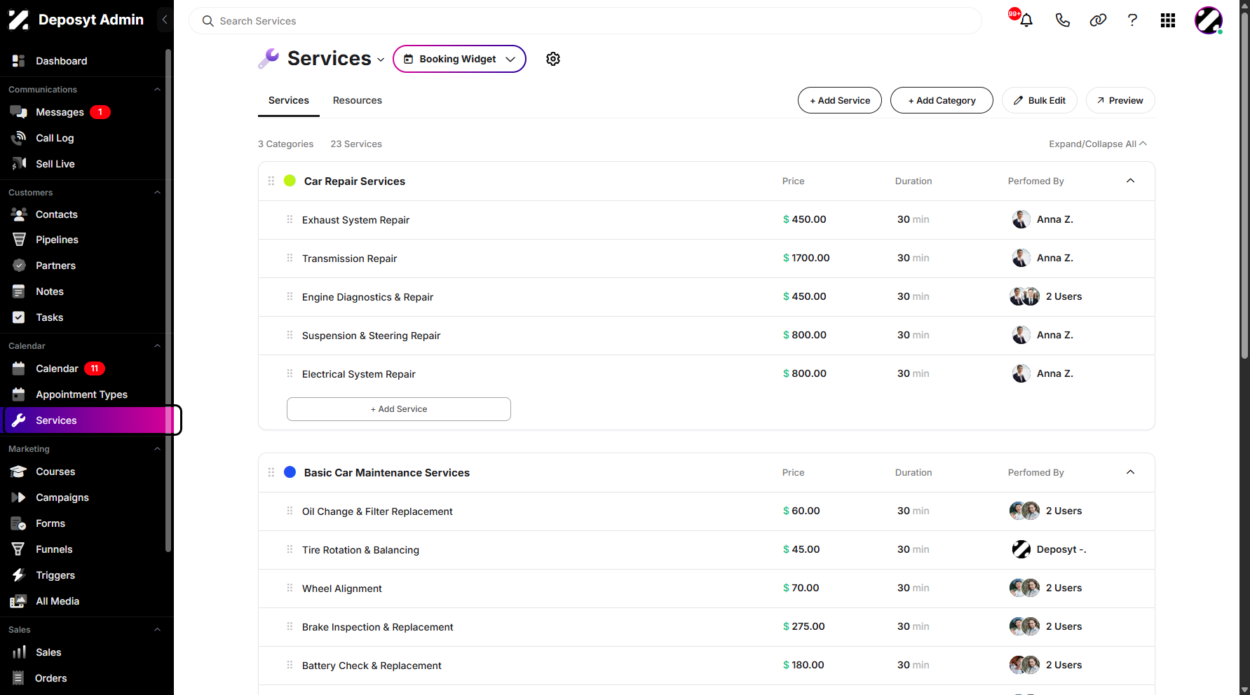 Step 1: On your Dashboard, navigate to the Services tab under the Calendar section.