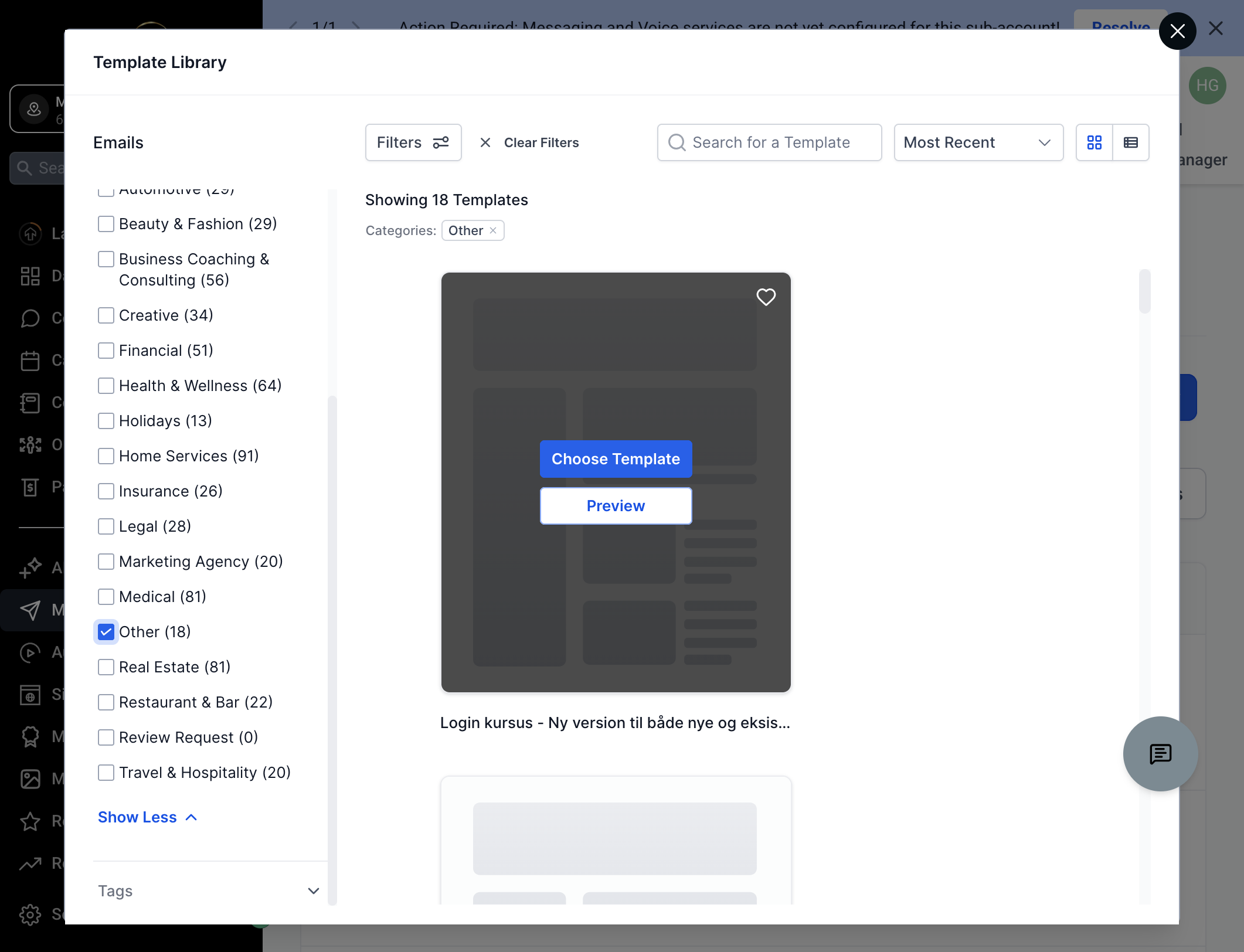 Vælg skabeloen "Login kursus - Ny version til både nye og eksisterende kunder" for at lave en generel login-mail - Klik på "Choose Template"