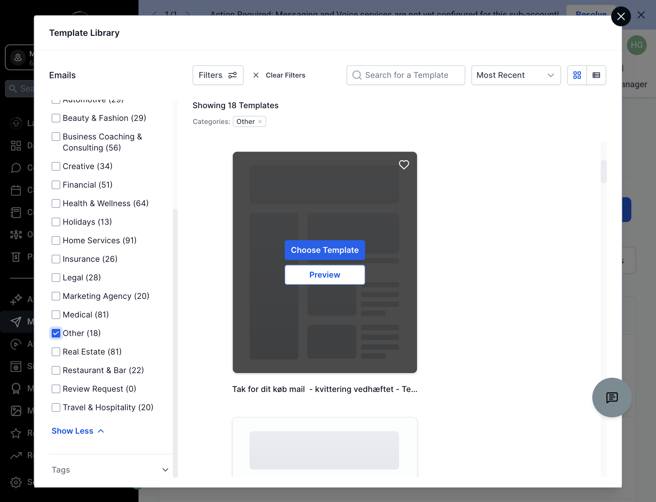 Vælg skabelonen "Tak for dit køb mail - kvittering vedhæftet - Template til Subaccounts" for at lave en generel mail, der skal sendes ud med købskvitteringen - Klik på "Choose Template"