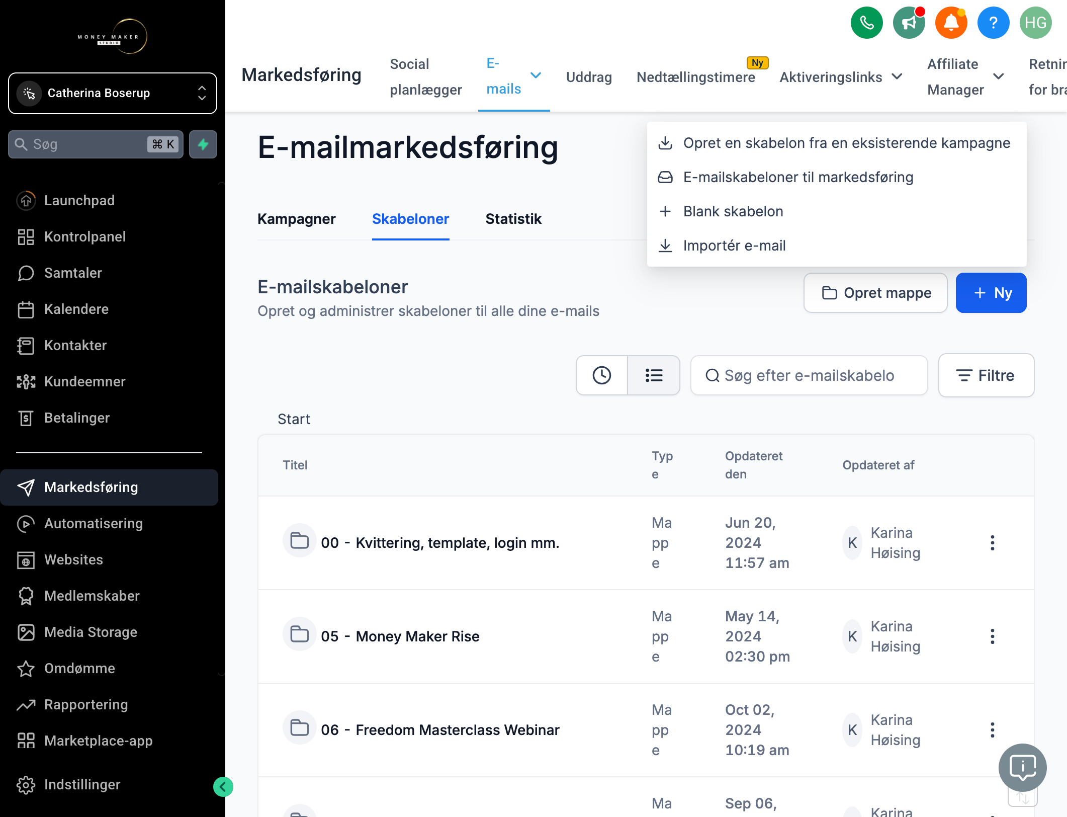 Under E-mailskabeloner klikker du på +Ny og vælger muligheden "E-mailskabeloner til markedsføring"