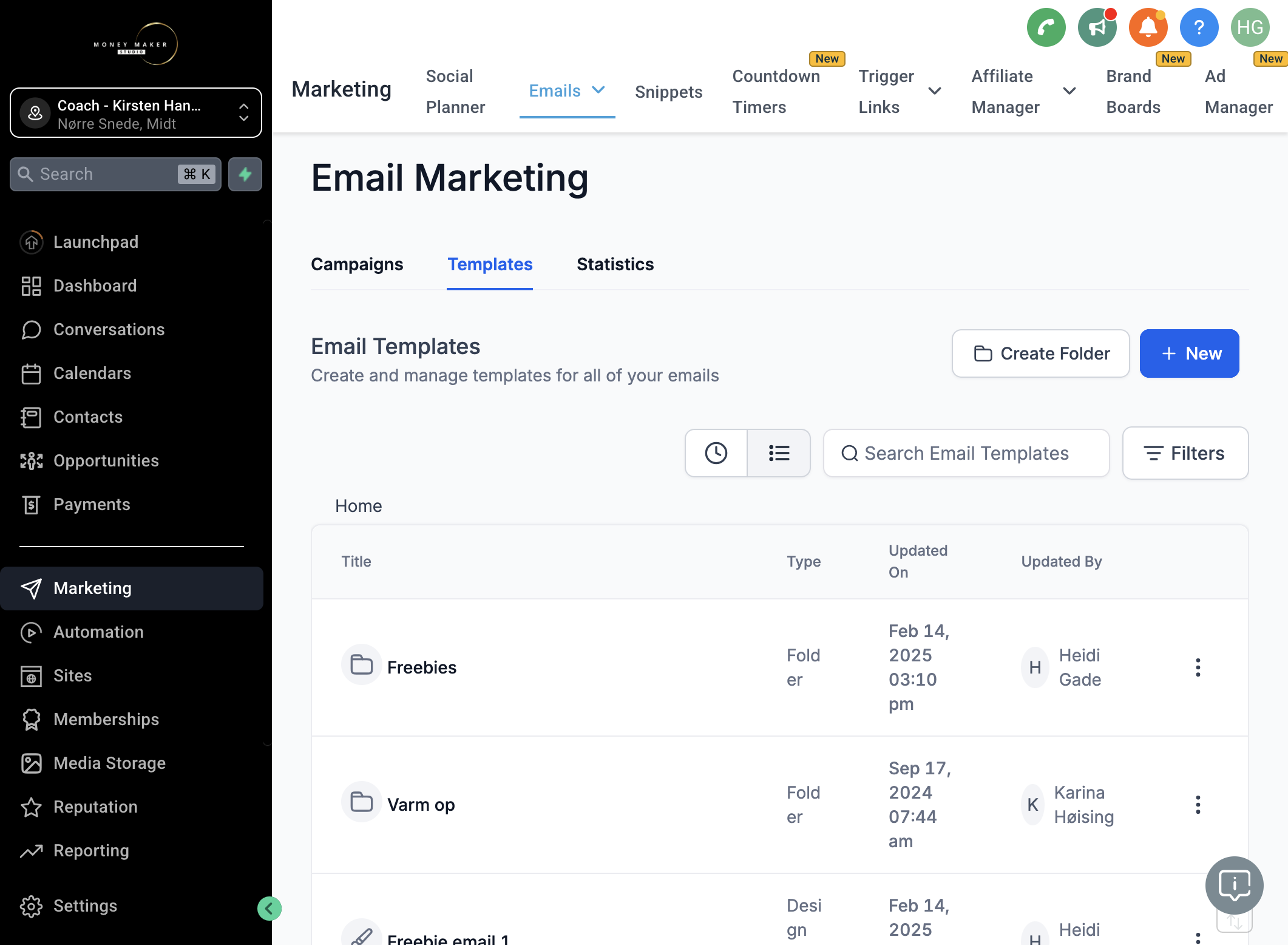 Opret en ny email ved at klikke på + New/Ny