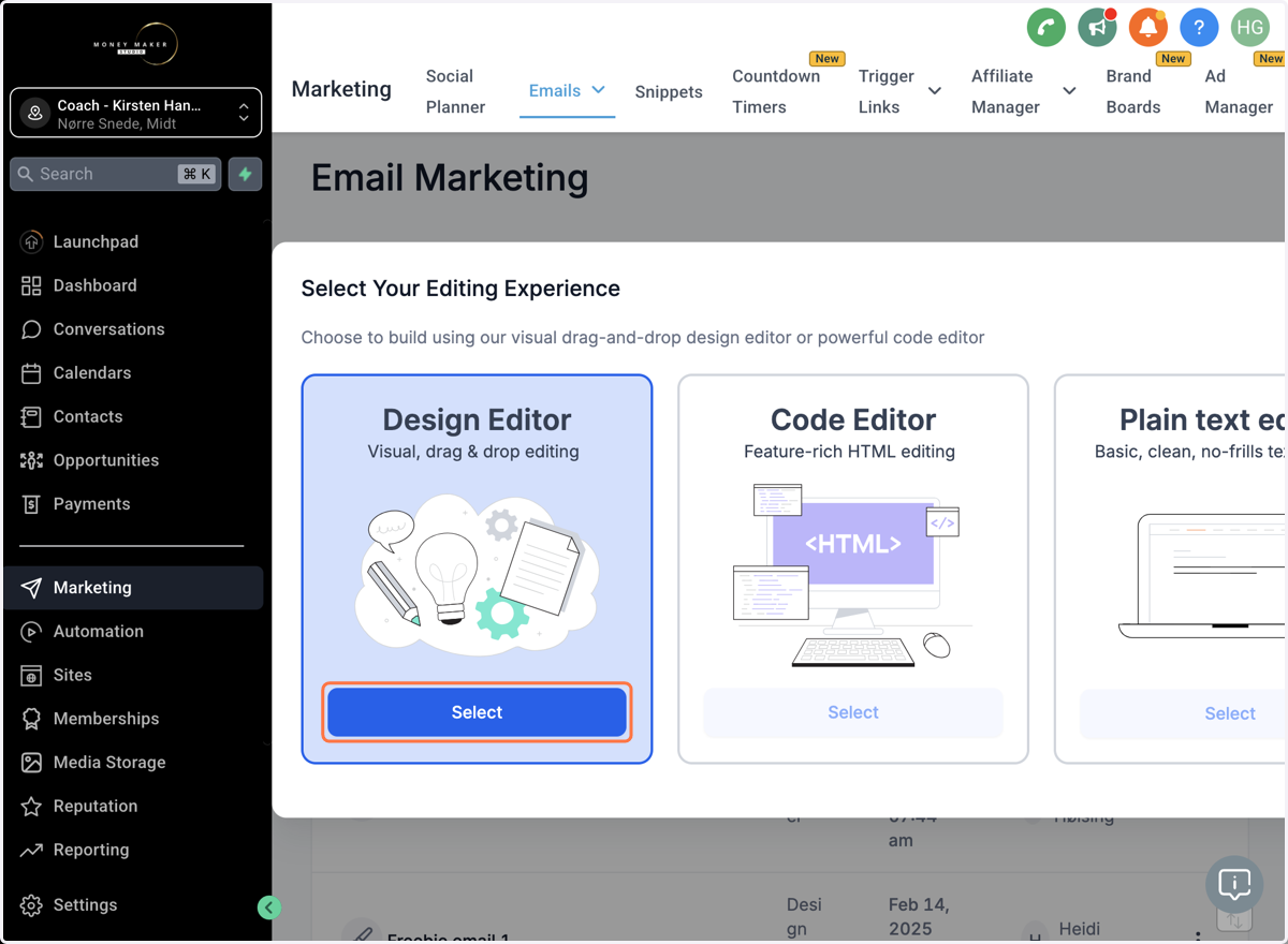 Klik på Select/Vælg ved Design Editor