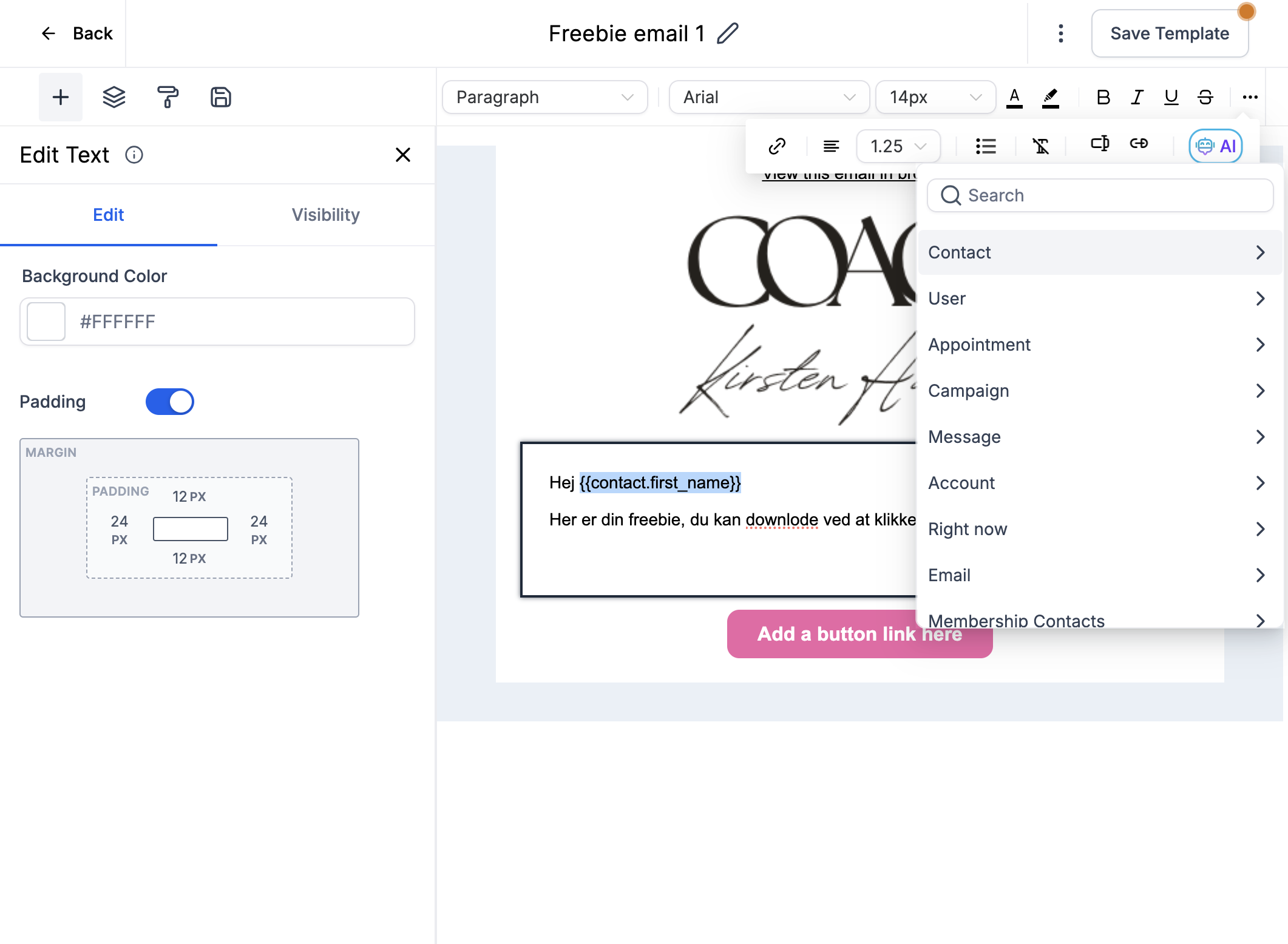 Klik fx på Contact/Kontakt for at indsætte specifikke oplysninger om modtageren.