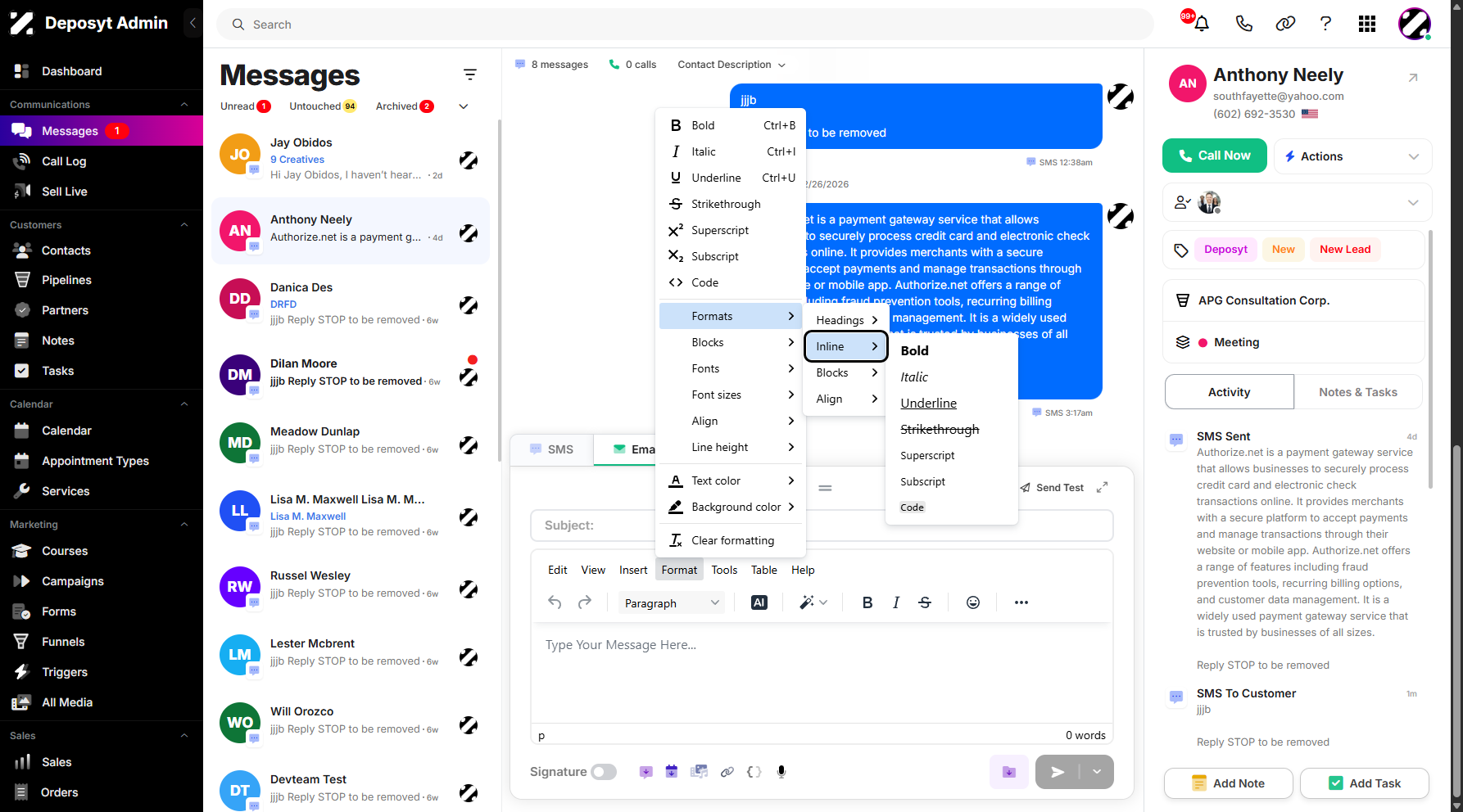 Step 7: The Inline menu provides Bold, Italic, Underline, Strikethrough, Superscript, Subscript, and Code. The same formatting tools available directly under the Format tab.