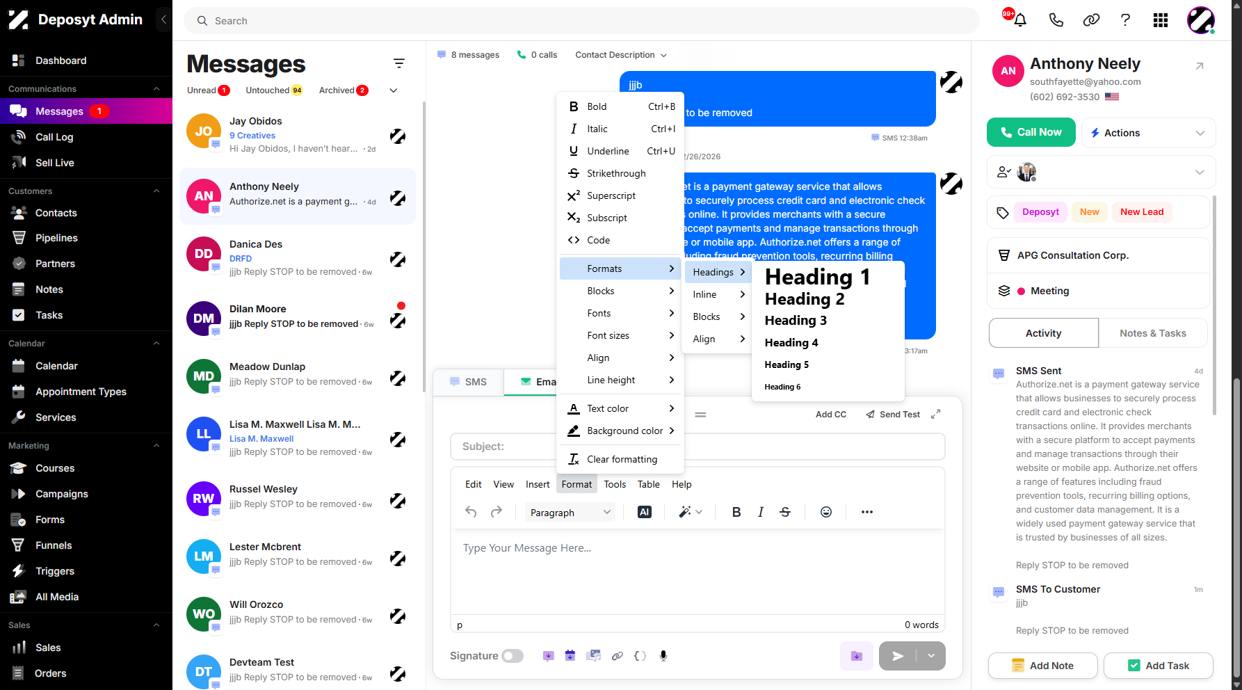 Step 6: Clicking on Formats will display additional options such as Headings, Inline, Blocks, and Alignment. The Headings option allows you to resize your email headline based on your needs.