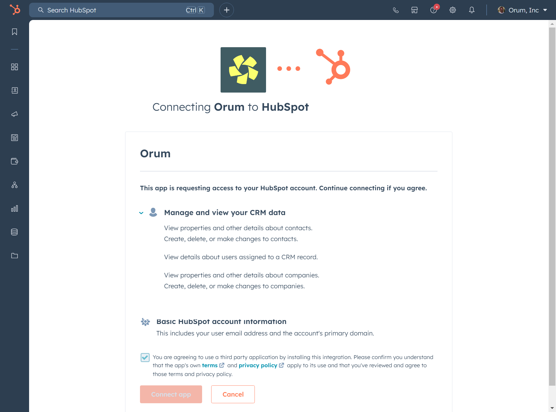 Check to agree to authorize Orum to access data