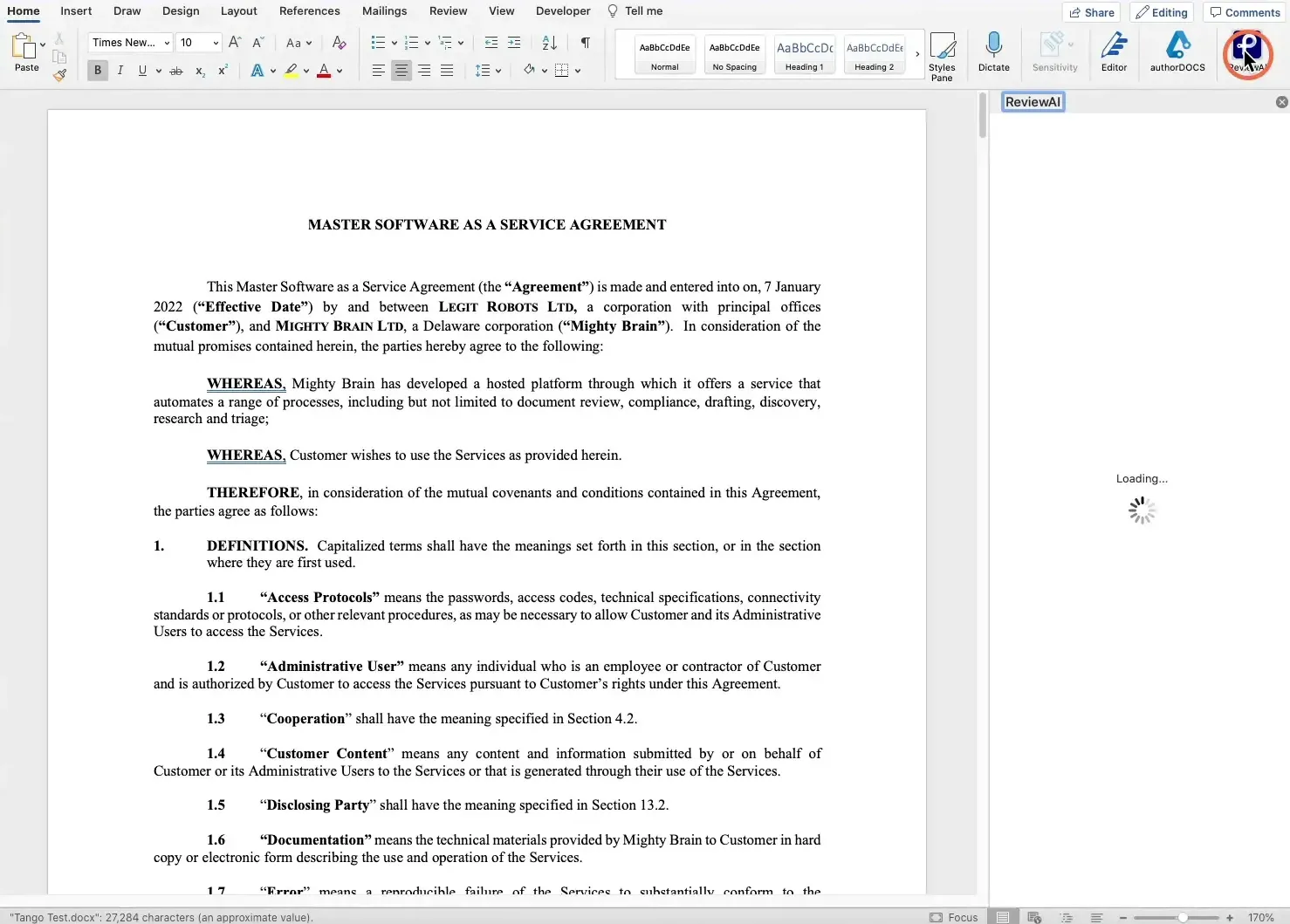 Click the ReviewAI icon in Word.