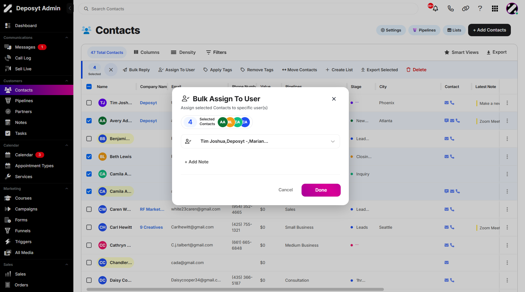 Step 9: Click on Done to proceed with the assignment. This will apply the selected user(s) to the chosen contacts.