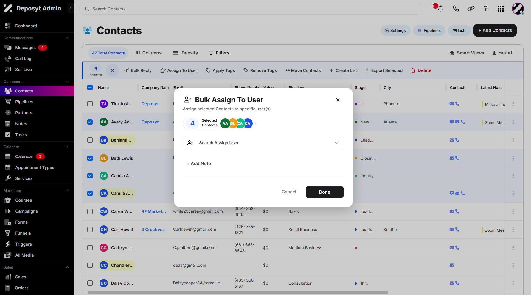 Step 6: A pop-up window will appear, allowing you to configure the action. From here, you can select a user and add a note if needed. You can also view the total number of selected call history entries.