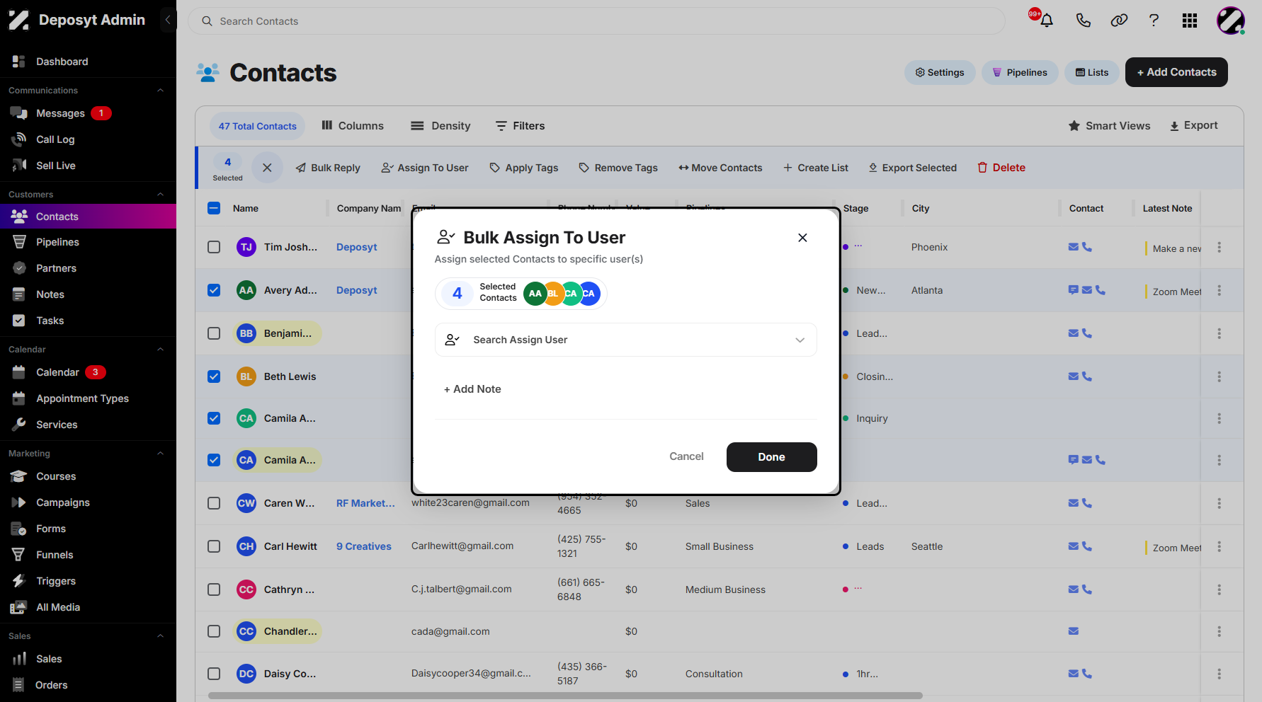 Step 6: A pop-up window will appear, allowing you to configure the action. From here, you can select a user and add a note if needed. You can also view the total number of selected call history entries.