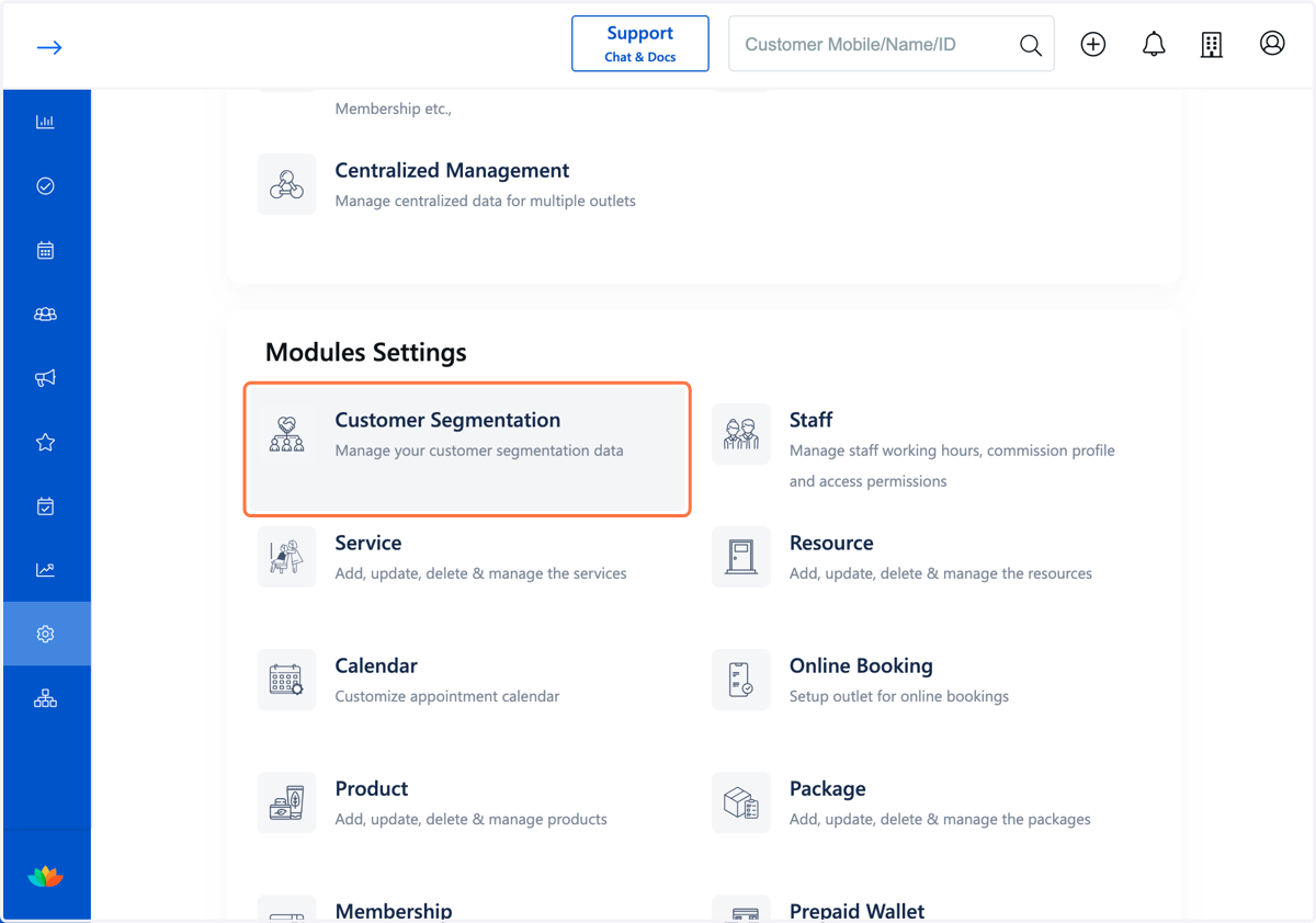 Navigate to Module Settings and click on Customer Segmentation.