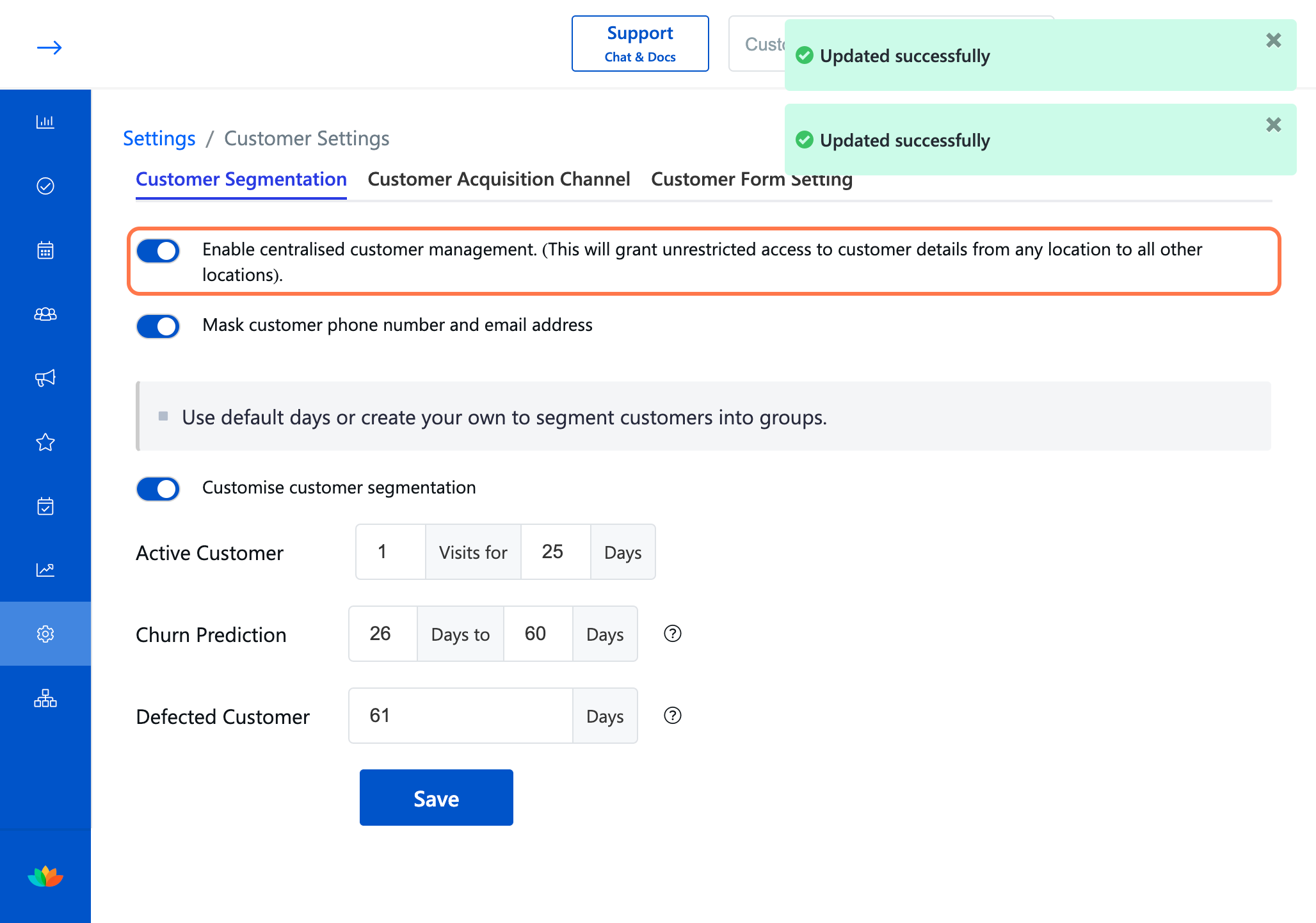 Check Enable centralised customer management. (This will grant unrestricted access to customer details from any location to all other locations).