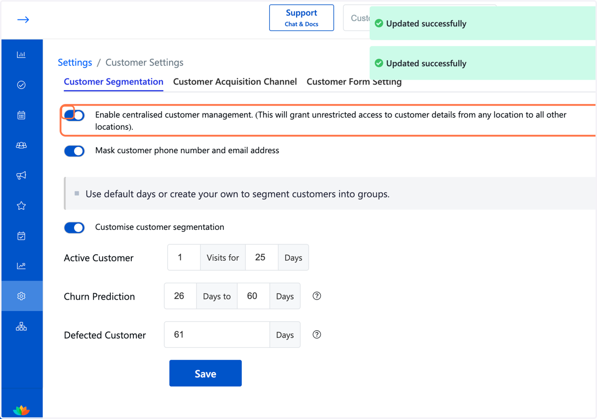 Check Enable centralised customer management. (This will grant unrestricted access to customer details from any location to all other locations).