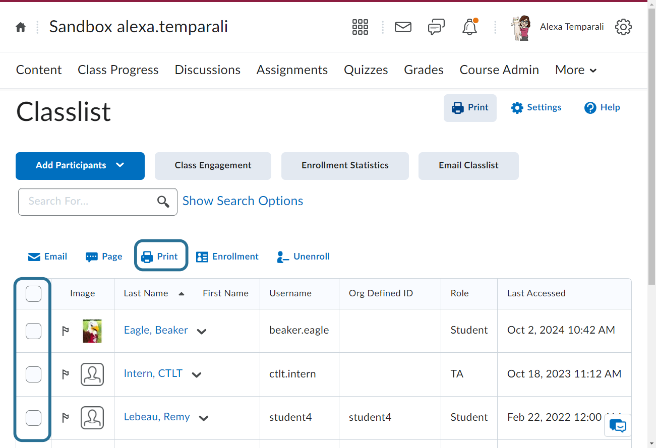 Click on Print in the top right corner (shown in red) to print the entire roster or choose individuals and click the print button above your roster (shown in blue) to print a curated list.