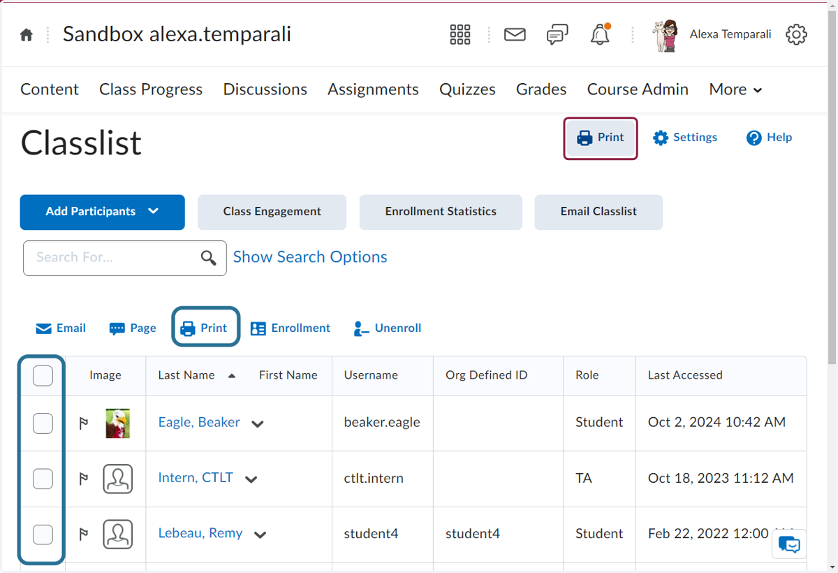 Click on Print in the top right corner (shown in red) to print the entire roster or choose individuals and click the print button above your roster (shown in blue) to print a curated list.
